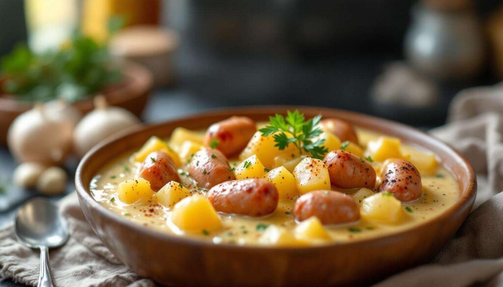 So einfach, so cremig: Dieser Kartoffel-Käse-Eintopf mit Mettenden wird dein neues Lieblingsrezept